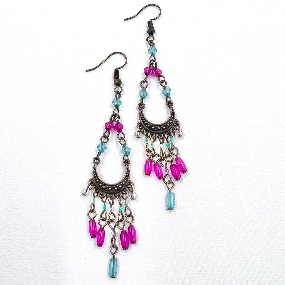 NWOT - Pink & Turquoise Beaded Chandelier Bronze Tone Fishhook Earrings